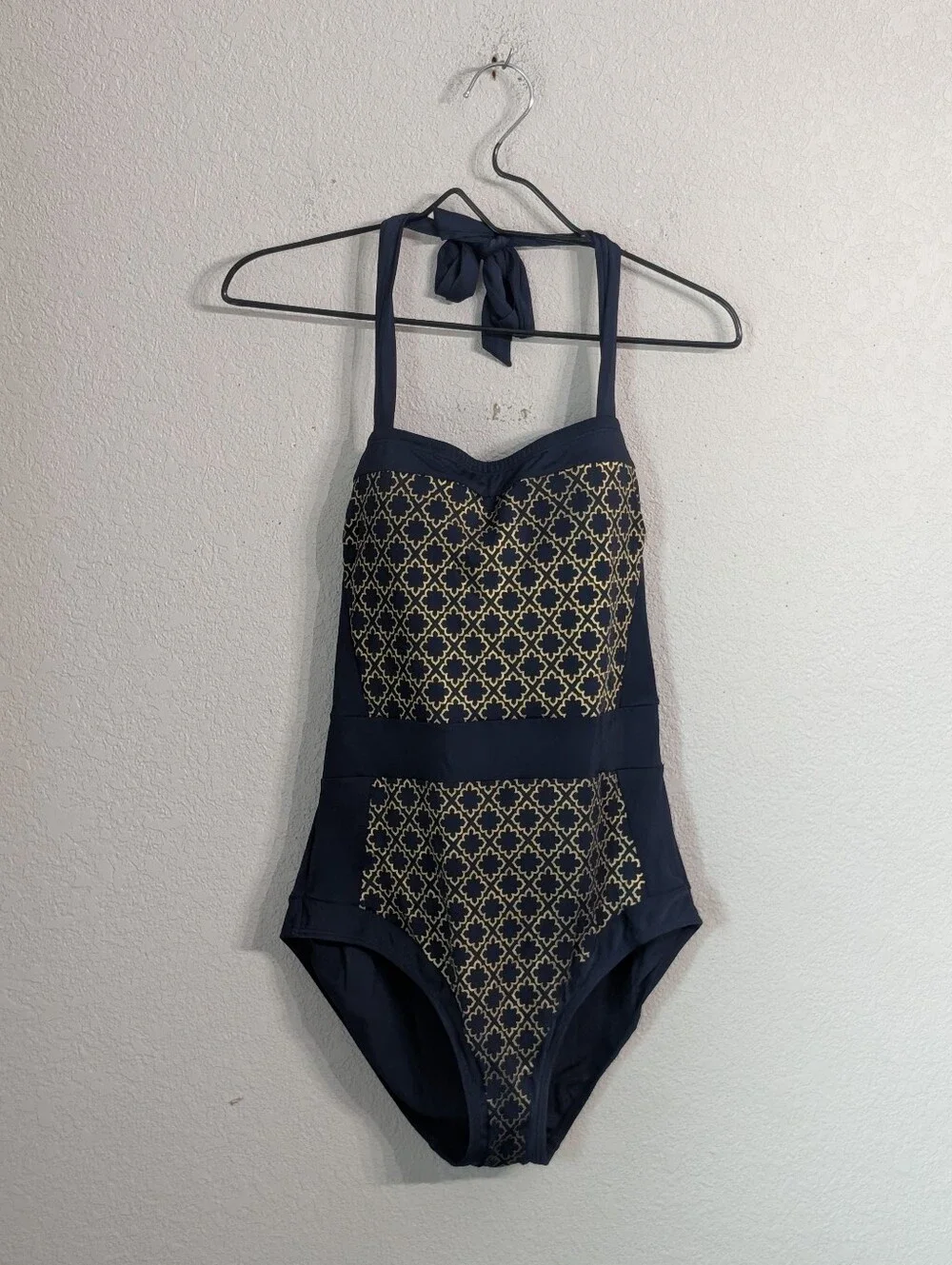 Boden Santorini Halterneck Swimsuit Size 10R One Piece Navy Golden Geo Pattern